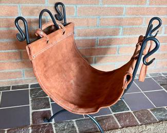 Vintage Wrought Iron and Suede Firewood Holder