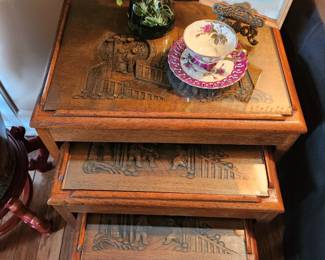 Carved Teak Japanese Nesting Tables
(Has hidden drawer)