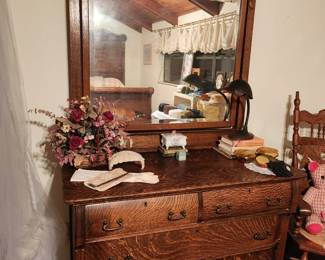 Tiger Oak Dresser w/ Mirror has some damage.
