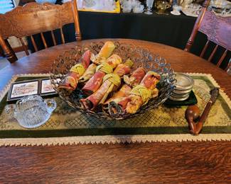 Old pipe, linens, basket, coasters