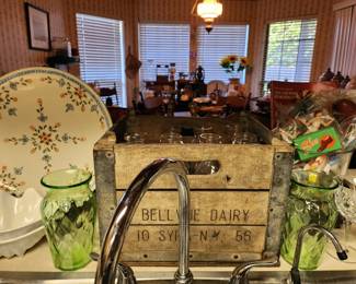 Old milk crate w milk bottles
Uranium glass vases