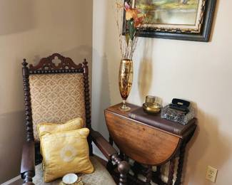 Antique Chair, Antique Drop leaf Table w/ Barley twist legs
Murano smoking set
Collection of old eyeglasses
Amber Vase
Original Oil