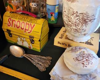 Snoopy lunch box w/ thermos
Snoopy thermos, A&W mug
Old Water Pitcher and covered soap dish
A&W Mugs