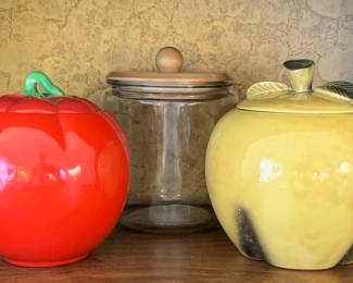 1940s tomato, 20th century glass jar, 1950s apple (?) cookie jars  