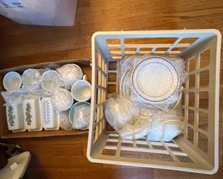 Pyrex dishes, cups, butter dish