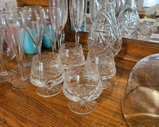 Beautiful pressed glass decanter and snifters