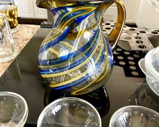 Green & Blue Swirl Mexican Hand Blown Glass Pitcher