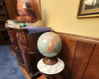 Marble top stand or stool, globes