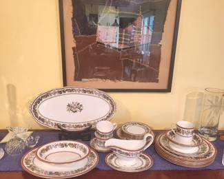 Spode Holiday Dishes.  Crazy quilt cabin, framed. 