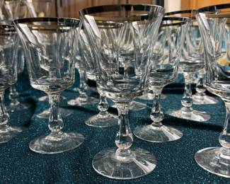 Large collection of Sheffield by Fostoria water, white wine, red wine and dessert/ parfait crystal glasses. These have an elegant silver rim.