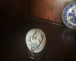 Vintage Cloisonne enamel floral egg with wooden stand.