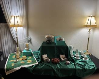 Lovely matching buffet lamps highlight this collection of Belleek and other wonderful items.