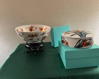 Vintage Japanese bowl with stand and Tiffany & Co trinket box.