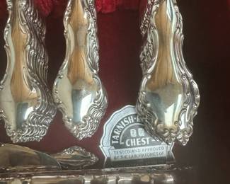 Deep Silver silver plate set, including serving utensils. Place setting of 10.