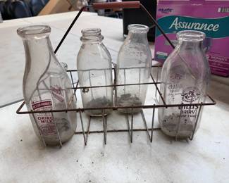 Vintage Milk Bottles with Rack