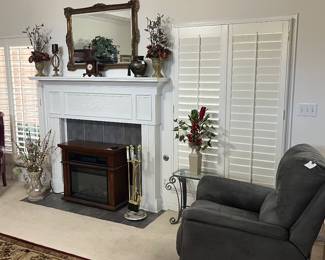 Suede recliner, stand alone electric fire place, 