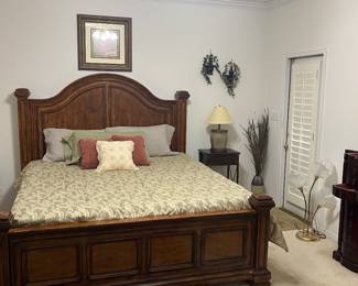 Queen bed, side tables, tall jewelry cabinet 