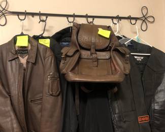 Great leather wear. Jackets, Harley vest and handtooled backpack.