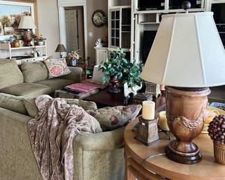 Rowe Furniture two-piece sectional sofa, wooden end table, decor