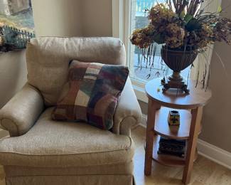 Upholstered chair by Hickory Chair, round side table