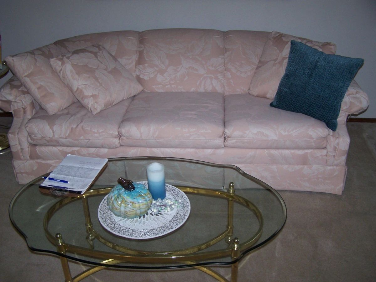 LIKE-NEW THREE CUSHION SOFA, GLASS & BRASS COFFEE TABLE & SMALLS