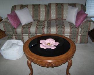 STRIPED TWO-CUSHION SOFA & ROUND COFFEE TABLE