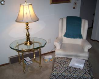 ANOTHER BRASS & GLASS LAMP TABLE, BRASS LAMP & WING CHAIR & OTTOMAN