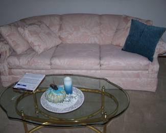 LIKE-NEW THREE CUSHION SOFA, GLASS & BRASS COFFEE TABLE & SMALLS