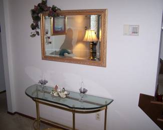 BRASS & GLASS CONSOLE TABLE, GILT-FRAMED MIRROR & SMALLS
