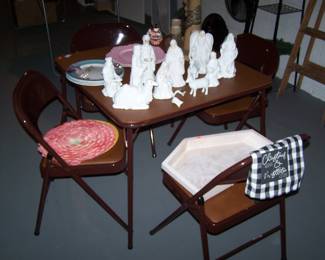 CARD TABLE & CHAIRS SET & HOLIDAY FIGURES