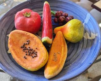 Pottery Bowl.  Papermache Fruit. 