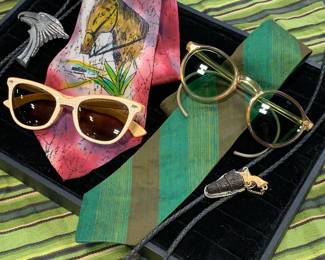 Bolos, antique sunglassss, 1950s and 60s neckties
