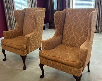 Stately PAIR of Gold Wing Back Chairs w/Queen Anne Legs!