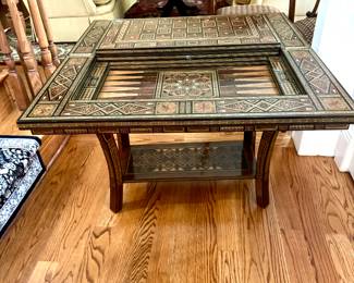 Syrian Mosaic Inlaid Chess and Backgammon Gaming Table with Two Chairs