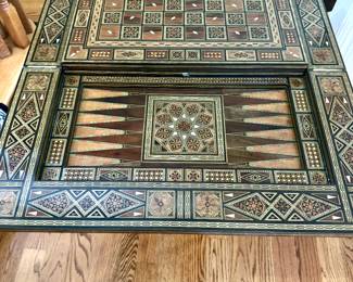 Syrian Mosaic Inlaid Chess and Backgammon Gaming Table with Two Chairs