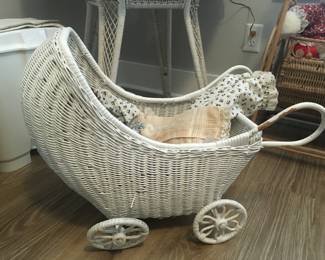 Vintage White Wicker baby doll Carriage
