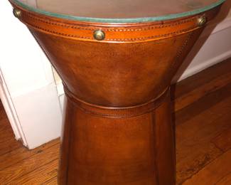 1 of a pair of leather wrapped drum end tables