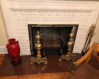 The antique brass andirons are much larger than they look 32”