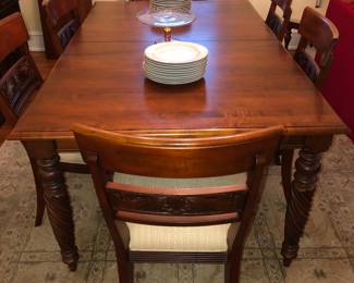 Ethan Allen mahogany dining table with 2 leaves, pads & 8 chairs