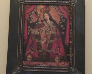 Religious icon - Cusco School painting from Peru.  The frame is by Claudia y Julia of Mexico and is handcrafted.