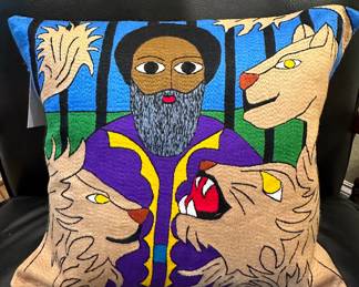 Hand embroidered Biblical Folk Art pillow "Daniel and the Lion's Den" - Ethiopian