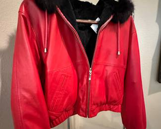 Stylish Red leather and fur reversible coat with hood