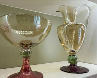 Vintage Krosno Pitcher and footed bowl