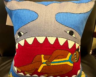 Hand embroidered Biblical folk art pillow "Jonah and the Whale" - Ethiopian 