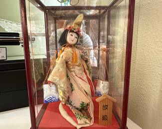 Vintage Japanese Geisha Doll with Water Buckets in glass case 