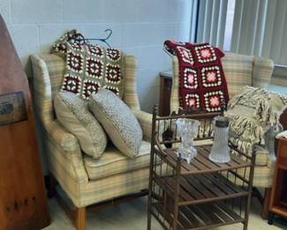 Two beautiful clean air chairs  new pillows and afghan.  Old wood antique ironing boards