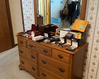 maple dresser with mirror, jewelry, jewelry boxes