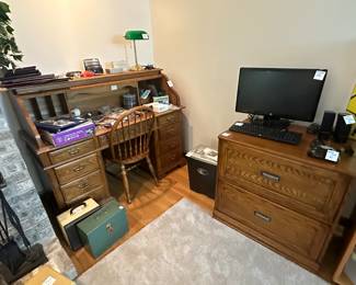 Rolltop desk and wooden lateral file, computer monitor, bankers desk lamp, 