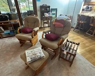 Glider rockers, magazine rack, bar stools