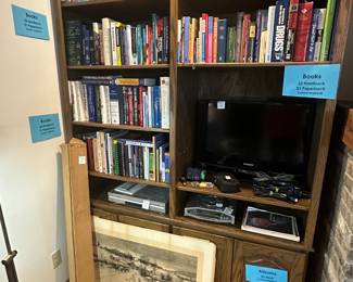 books and electronics, albums, projection screen, 